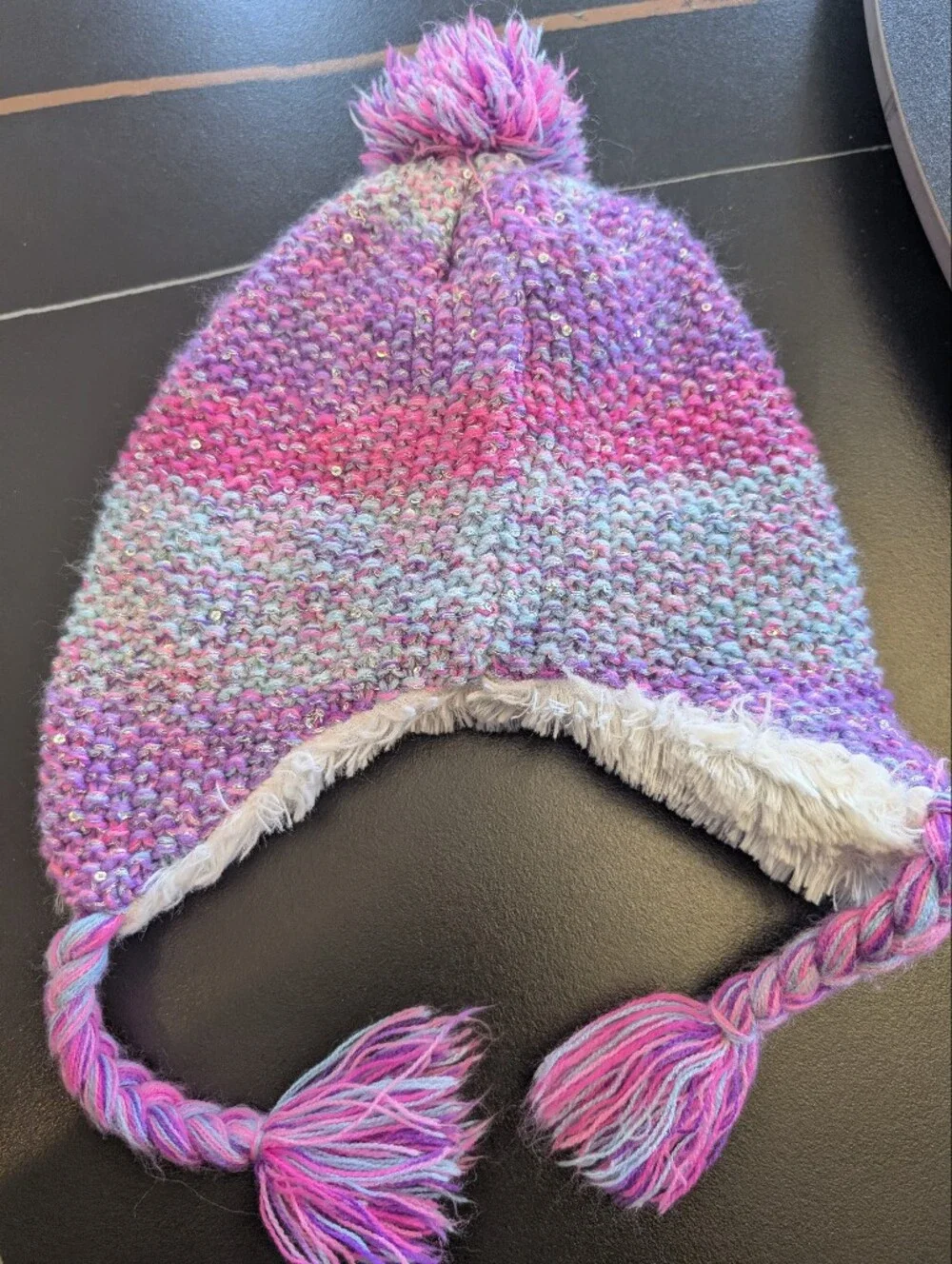 Kids Faux-Fur Lined Knit Pom-Pom Hat - Pink & Purple